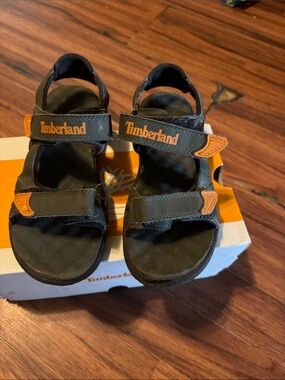 Timberland Olive Green Sandals with Orange Accents - Kids Velcro Straps